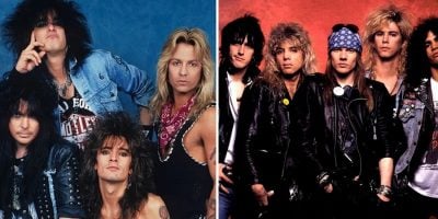 2 panel image of Mötley Crüe and Guns N' Roses