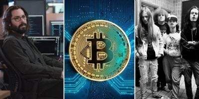 3 panel image of Martin Starr from 'Silicon Valley', a stylised version of Bitcoin, and an undated image of British grindcore band Napalm Death