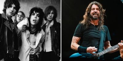 2 panel image of English rockers The Struts and Dave Grohl of the Foo Fighters