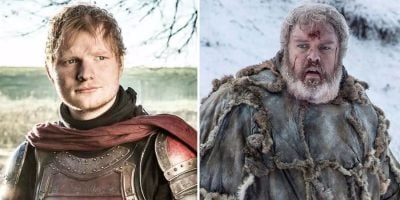 2 panel image of Ed Sheeran on Game Of Thrones, and actor Kristian Nairn