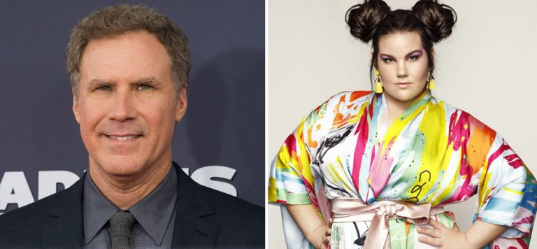 2 panel image of US actor Will Ferrell and Eurovision 2018 winner Netta