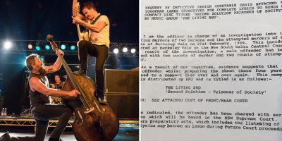 2 panel image of The Living End and a court document they were named in.