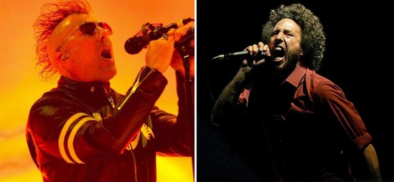 2 panel image of Tool's Maynard James Keenan and Rage Against The Machine's Zack De La Rocha