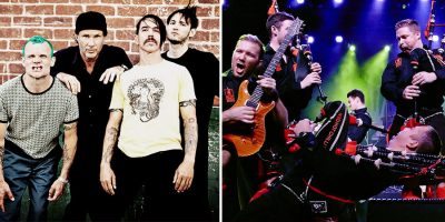 2 panel image of the Red Hot Chili Peppers and the Red Hot Chilli Pipers