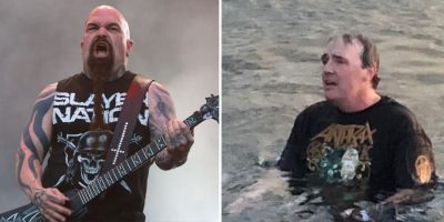 2 panel image of Kerry King from Slayer and Chris LaRocque, a drunk fan who swam back into the band's gig.