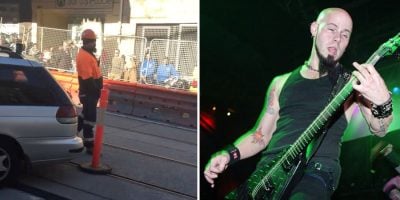 Image of the NSW tradie who blasted metal to annoy abortion clinic protesters, and US metal band Drowning Pool