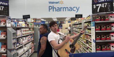 US musician Brett Newski performing in a US Walmart