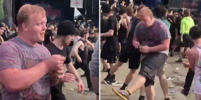 A Warped Tour attendee eating beans in the mosh pit