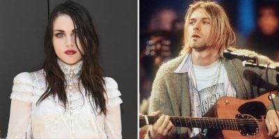2 panel image of Frances Bean Cobain and her father, late Nirvana frontman Kurt Cobain
