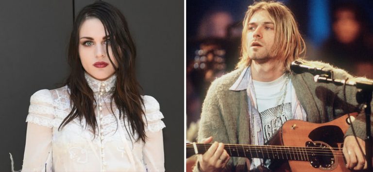 2 panel image of Frances Bean Cobain and her father, late Nirvana frontman Kurt Cobain