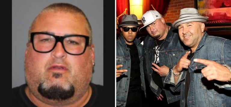 2 panel image of Bryan Abrams' mugshot, and the trio of Color Me Badd, with Abrams pictured centre