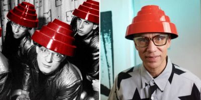2 panel image of Devo and Fred Armisen wearing an energy dome