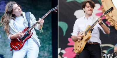 2 panel image of Haim's Danielle Haim and Eza Koenig of Vampire Weekend