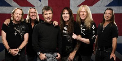 The current lineup of iconic English heavy metal band Iron Maiden