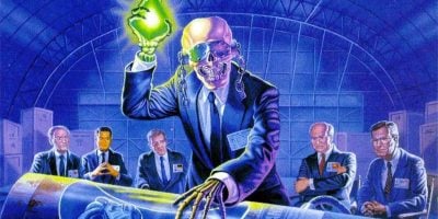 Image of Megadeth mascot Vic Rattlehead on the cover of their 1990 album 'Rust In Peace'