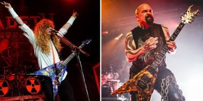 2 panel image of thrash metal bands Megadeth and Slayer
