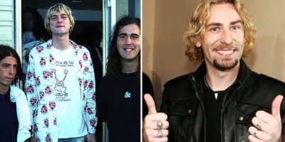 2 panel image of Nirvana and Chad Kroger of Nickelback