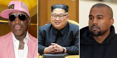 Three panel image of Dennis Rodman, Kim Jong Un, and Kanye West