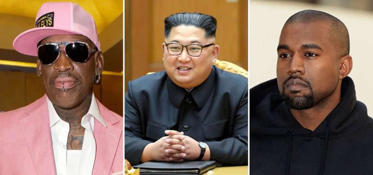 Three panel image of Dennis Rodman, Kim Jong Un, and Kanye West