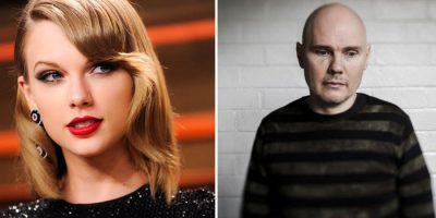 2 panel image of Taylor Swift and The Smashing Pumpkins' Billy Corgan