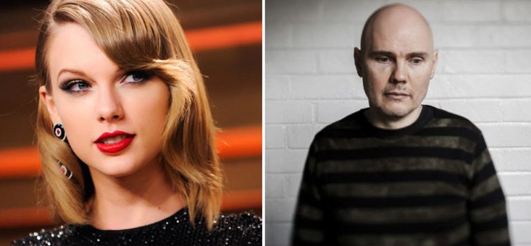 2 panel image of Taylor Swift and The Smashing Pumpkins' Billy Corgan