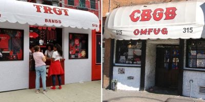 2 panel image of Target's tribute to iconic music venue CBGB, and the original venue in its day.