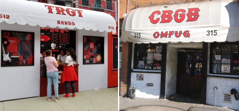 2 panel image of Target's tribute to iconic music venue CBGB, and the original venue in its day.