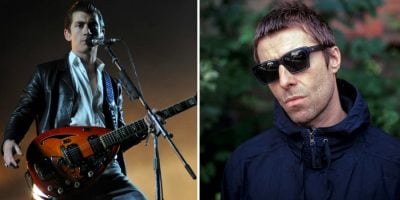 2 panel image of the Arctic Monkeys' Alex Turner and Oasis' Liam Gallagher