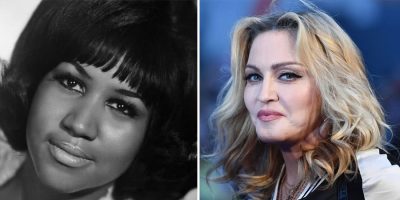 2 panel image of Aretha Franklin and Madonna