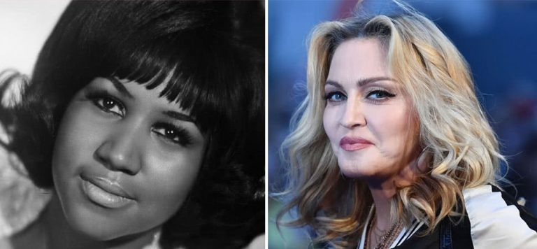 2 panel image of Aretha Franklin and Madonna