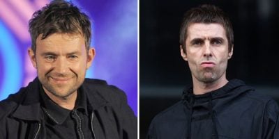 2 panel image of Blur's Damon Albarn and Oasis' Liam Gallagher