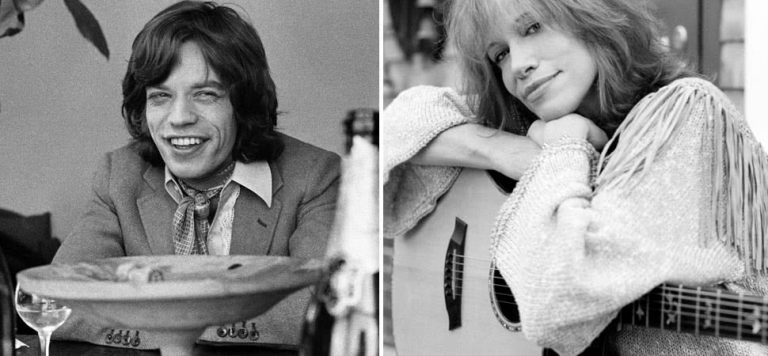 2 panel image of Mick Jagger and Carly Simon