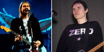 2 panel image of Nirvana's Kurt Cobain and the Smashing Pumpkins' Billy Corgan