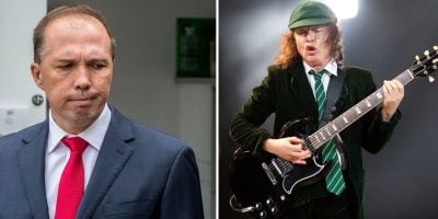 2 panel image of Petter Dutton and AC/DC's Angus Young