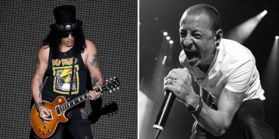 2 panel image of Guns N' Roses' Slash, and Linkin Park's Chester Bennington