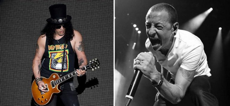 2 panel image of Guns N' Roses' Slash, and Linkin Park's Chester Bennington