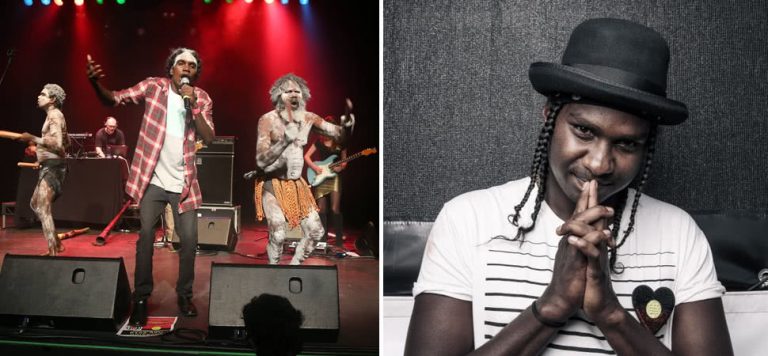 2 panel image of Yothu Yindi & The Treaty Project, and Baker Boy