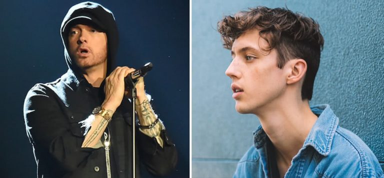 2 panel image of Eminem and Troye Sivan