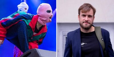 2 panel image of Pussy Riot and member Pyotr Verzilov