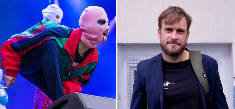 2 panel image of Pussy Riot and member Pyotr Verzilov