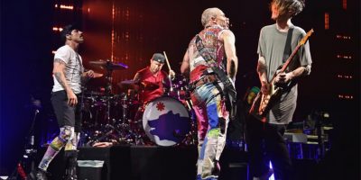 The current lineup of the Red Hot Chili Peppers performing at Lollapalooza Chile 2018