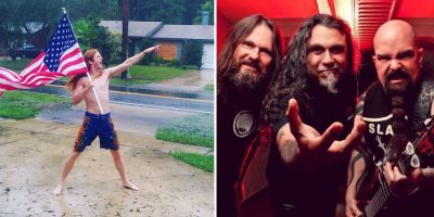 2 panel image of Lane Pittman and thrash-metal icons Slayer