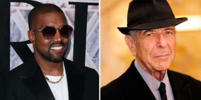 2 panel image of Kanye West and Leonard Cohen