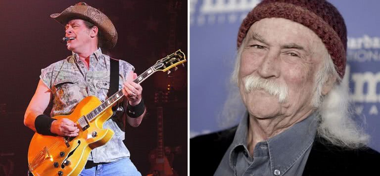 2 panel image of David Crosby and Ted Nugent