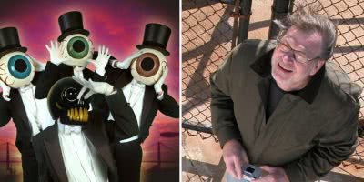 2 panel image of The Residents, and their co-founder and composer Hardy Fox