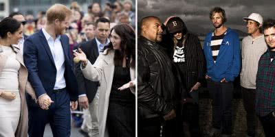 Prince Harry and Meghan Markle with NZ PM Jacinda Adern, and Kiwi band Shapeshifter