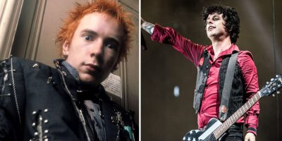 2 panel image of the Sex Pistols' Johnny Rotten and Green Day's Billie Joe Armstrong