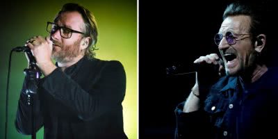 2 panel image of The National and U2, who have contributed tracks to pay tribute to Sophie Calle's late cat, Souris
