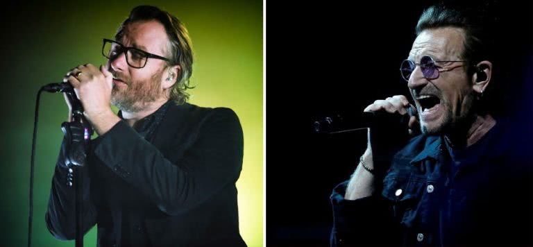 2 panel image of The National and U2, who have contributed tracks to pay tribute to Sophie Calle's late cat, Souris