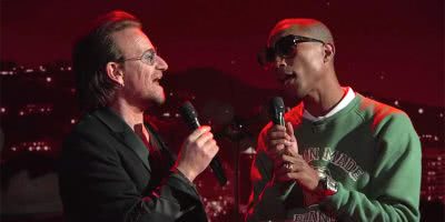 Bono and Pharrell performing a cover of the Bee Gees' 'Staying Alive' for 'Jimmy Kimmel Live!'